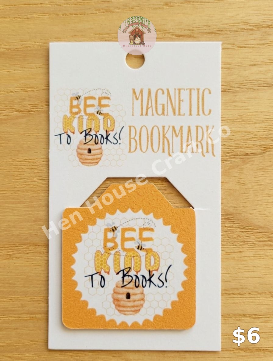 Bee Kind to Books magnetic bookmark, honeycomb and beehive art on a white card